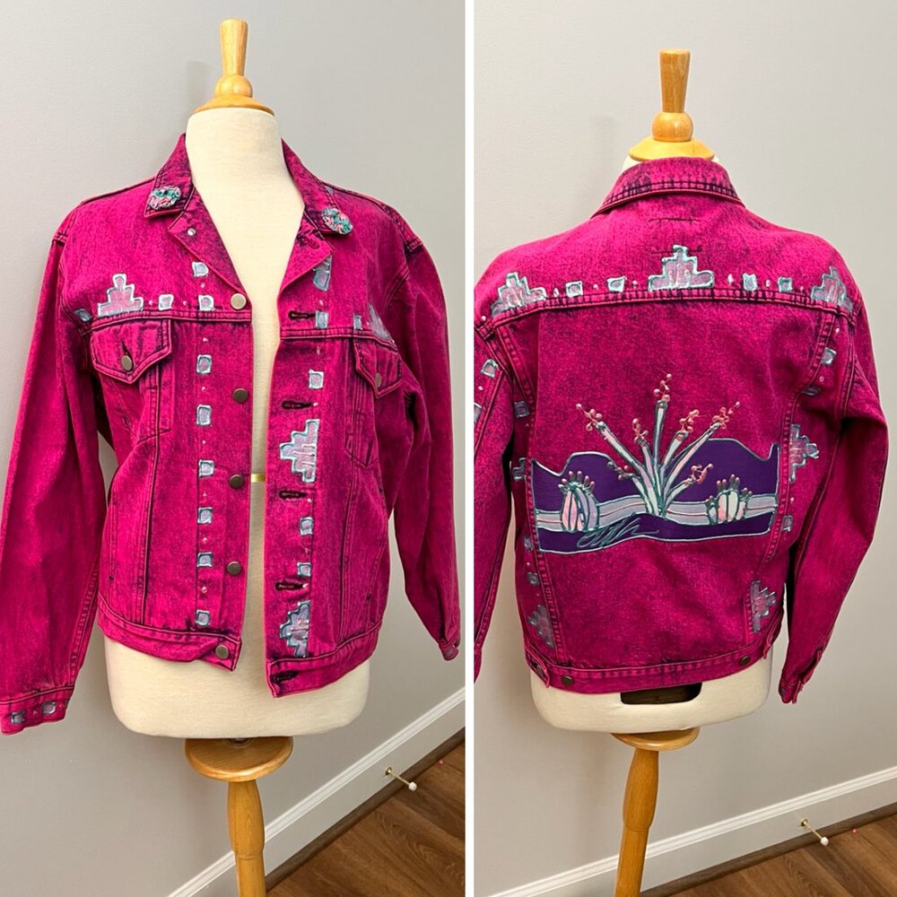 Vintage Sundance Denim Wear Jean Jacket Hand painted Southwestern Pink 80s 90s